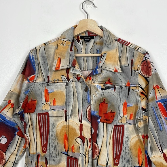 Vintage Kaktus Womens M Button Down Multicolor Candle Print 2 Pocket Jacket - Picture 3 of 9